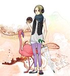  bird bracelet brown_hair closed_umbrella commentary_request doughnut flamingo food headphones jewelry kajiwara_shikaji leggings original purple_legwear scarf short_hair solo umbrella vest 