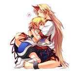  arm_warmers barefoot blonde_hair embarrassed feet green_eyes grin horn hoshiguma_yuugi hug kneehighs long_hair mizuhashi_parsee multiple_girls musical_note pointy_ears red_eyes rex_k short_hair smile socks touhou 