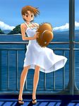 brown_hair day dress fujimoto_atsuko hat lielos ocean original sandals short_hair solo straw_hat sundress 