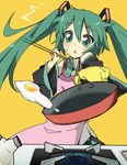  apron blush chopsticks cooking detached_sleeves egg flipping_food food frying_pan green_eyes green_hair hatsune_miku ixy long_hair solo sweat twintails vocaloid 