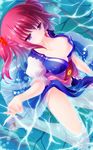  breasts cleavage clog_sandals hair_bobbles hair_ornament highres hinasaki_you large_breasts onozuka_komachi red_eyes red_hair scythe short_hair solo touhou two_side_up wading water 
