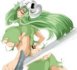  arrancar ass bleach breasts butt_crack covered_nipples facial_mark green_hair grey_eyes highres huge_breasts long_hair nelliel_tu_odelschwanck no_bra no_panties revealing_clothes see-through self_upload skull solo spoilers stiky_finkaz sword tattoo third-party_edit torn_clothes underboob vector_trace weapon 