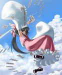  armpits black_eyes black_hair bow cloud day detached_sleeves dress hair_ornament hair_ribbon hakurei_reimu jerry kirisame_marisa long_hair midair multiple_girls ofuda ribbon sky touhou very_long_hair 