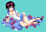  apple black_hair blush breasts cleavage copyright_request dress food fruit hair_ribbon korita legs lowres lying medium_breasts purple_eyes ribbon short_hair solo 