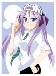  baseball_cap blue_eyes dress_shirt eunos hair_ribbon hat hiiragi_kagami lucky_star necktie pointing purple_hair ribbon shirt sleeves_rolled_up smile solo tsurime 