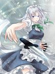  bad_id bad_pixiv_id blue_eyes braid foreshortening hands izayoi_sakuya knife lips momoko_(momoko14) short_hair silver_hair solo thighhighs touhou twin_braids 