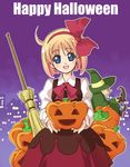  bad_id bad_pixiv_id blonde_hair broom hair_ribbon halloween happy_halloween jack-o'-lantern original pumpkin purple_background ribbon short_hair solo tessai witch 