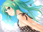  aircraft airplane back bad_id bad_pixiv_id black_dress blush breasts cloud day dress f-cla green_eyes green_hair hatsune_miku long_hair looking_back polka_dot sideboob sky small_breasts smile solo twintails vocaloid 