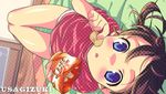  :o bed blue_eyes blush brown_hair chips copyright_request food korita legs lying solo 