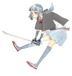  bad_id bad_pixiv_id bangs bell blunt_bangs bow commentary fingerless_gloves gloves grey_eyes hime_cut kajiwara_shikaji katana long_hair original ponytail school_uniform silver_hair skirt socks solo sword weapon 