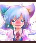  ahoge ayakashi_(monkeypanch) bad_id bad_pixiv_id blue_eyes blue_hair blush bow cirno crying crying_with_eyes_open eyebrows hair_bow highres ice letterboxed open_mouth ribbon short_hair solo tears touhou wings 