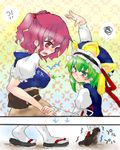  2girls :o artist_request beads blush breasts frills green_eyes green_hair hair_beads hair_ornament hat holding_hands large_breasts loafers lowres mob_cap motion_lines multiple_girls onozuka_komachi open_mouth red_eyes red_hair sandals shiki_eiki shoes short_hair socks speech_bubble spoken_squiggle squiggle sweatdrop tabi tears tiptoes touhou trembling white_legwear 