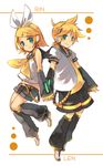  1girl belt blonde_hair blue_eyes bow bowtie brother_and_sister detached_sleeves hair_ornament hanokage headphones holding_hands kagamine_len kagamine_rin ribbon sailor_collar siblings twins vocaloid 