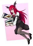  bat_wings bespectacled book dropping glasses head_wings high_heels kin'iro_sakana-kan koakuma long_hair pantyhose pointy_ears red_eyes red_hair shoes slit_pupils solo touhou wings 