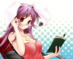  adjusting_eyewear animal_ears bespectacled book bunny_ears crescent glasses jewelry long_hair necklace purple_hair red_eyes reisen_udongein_inaba scarlet_(studioscr) solo strap_slip touhou 