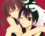  1girl alternate_costume bandana bandana_removed black_hair closed_eyes couple hat hetero hug hug_from_behind jikei odamaki_sapphire one_eye_closed pokemon pokemon_special red_eyes ruby_(pokemon) 