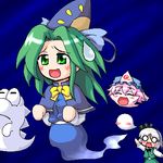  :o =_= ^_^ arm_up blue_background blush blush_stickers boo bow bowtie buttons capelet closed_eyes eerie_(super_mario_world) flying ghost green_eyes green_hair hairband hat hitodama konpaku_youmu konpaku_youmu_(ghost) long_hair long_sleeves lowres mario_(series) mima multiple_girls myonde no_pupils o_o oekaki open_mouth parody pink_hair saigyouji_yuyuko short_hair skirt skirt_set super_mario_bros. super_mario_world sweatdrop touhou vest white_hair wizard_hat 