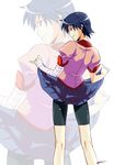  back baiola bakemonogatari bandages bike_shorts blue_hair derivative_work kanbaru_suruga looking_back monogatari_(series) naughty_face school_uniform senjougahara_pose short_hair skirt skirt_lift solo zoom_layer 