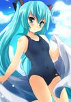  aqua_eyes aqua_hair hatsune_miku long_hair one-piece_swimsuit school_swimsuit solo swimsuit twintails very_long_hair vocaloid yuri_(purinlove) 