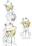  blonde_hair blush character_sheet color_trace h-new hand_on_headwear hat loafers long_sleeves moriya_suwako production_art shoes short_hair sketch sleeves_past_wrists smile squatting touhou traditional_media wide_sleeves 