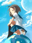  :&gt; bad_id bad_pixiv_id bear black_legwear bored brown_hair cloud day frown halo kneehighs leg_hug momi original panties school_uniform serafuku short_hair sky socks solo underwear white_panties 