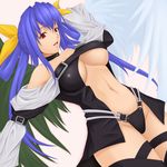  asymmetrical_wings blue_hair bow breasts choker cleavage dizzy guilty_gear hair_bow large_breasts midriff red_eyes shuugetsu_karasu solo tail thighhighs underboob wings 