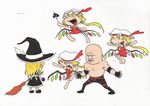  4girls absurdres bald blonde_hair broom chibi crossover flandre_scarlet hat highres kane_(wwe) kirisame_marisa long_hair mini-hakkero multiple_girls polearm touhou weapon wings witch_hat wwe 