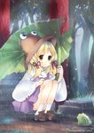  bad_id bad_pixiv_id blonde_hair frog fuyouchu hat highres leaf leaf_umbrella moriya_suwako rain solo touhou yellow_eyes 