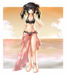  anklet barefoot bikini black_bikini black_hair blue_eyes cloud feet front-tie_top hair_ribbon hand_on_hip heterochromia jewelry long_hair mitsuki_(shuffle971) original pink_sarong pointy_ears print_sarong red_eyes ribbon sarong solo swimsuit translucent_sarong twintails 