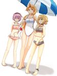  ankle_ribbon bad_id bad_pixiv_id barefoot bikini blonde_hair choker eyes feet green_eyes hairband hand_on_hip heart height_difference horn hoshiguma_yuugi kokotetsu komeiji_satori long_hair mizuhashi_parsee multiple_girls one-piece_swimsuit pointy_ears ponytail purple_eyes purple_hair red_eyes ribbon short_hair smile swimsuit touhou umbrella 