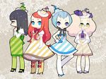  4girls copyright_request dress gozen4ji hat high_heels matching_outfit multiple_girls pantyhose shoes thighhighs 