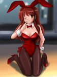  animal_ears asahina_mikuru_(adult) brown_eyes brown_hair bunny_ears bunnysuit kneeling long_hair marison_(aono107) md5_mismatch one_eye_closed pantyhose solo suzumiya_haruhi_no_yuuutsu 