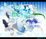  aji_(coastal_area) blue_hair flower hierophant_green jojo_no_kimyou_na_bouken kakyouin_noriaki lily_of_the_valley male_focus multiple_boys scarf snowflake_print snowflakes stand_(jojo) white_hair winter 