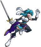  1girl absurdres ahoge armor attack belt blue_hair blue_tunic boots breastplate breasts commission commissioner_upload elbow_gloves fire_emblem fire_emblem:_genealogy_of_the_holy_war gloves headband highres holding holding_sword holding_weapon if_they_mated niboonskull open_mouth original pelvic_curtain popped_collar purple_eyes sash selia_(mrtalkingdino) shoulder_armor sidelocks skindentation skullgirls solo sword thighhighs thighs tomboy tunic weapon white_background white_headband 