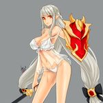  breasts caooll cleavage dungeon_and_fighter grey_background highres knight_(dungeon_and_fighter) large_breasts long_hair looking_at_viewer low-tied_long_hair navel original pointy_ears red_eyes shield silver_hair simple_background solo sword thighs very_long_hair weapon 