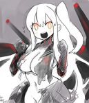  :d aircraft_carrier_hime artist_name black_dress blush breasts cleavage collarbone commentary dress glowing glowing_eyes kantai_collection large_breasts long_hair navel one_side_up open_mouth orange_eyes sailor_dress shinkaisei-kan smile solo torn_clothes torn_dress turret v-shaped_eyebrows veins white_hair white_skin yuzuki_gao 