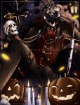  1boy alternate_costume arm_up ascot black_cape black_gloves black_helmet blood blood_on_armor blood_on_weapon candle cape capitano_(genshin_impact) collared_shirt commentary cross english_commentary english_text fire genshin_impact gloves halloween head_rest helmet highres holding holding_skull inset_border jack-o'-lantern jewelry lantern long_sleeves male_focus mystical_high_collar red_ascot red_vest ring shirt sitting sitting_on_throne skull solo sword two-sided_cape two-sided_fabric uouzzz vest weapon wing_collar 