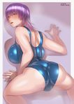  1girl ass ayane_(doa) breasts dead_or_alive dead_or_alive_5 from_behind large_breasts looking_back one-piece_swimsuit purple_hair solo swimsuit zenkou 