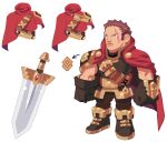  1boy ankle_boots armor arms_at_sides asgard belt bf._(sogogiching) black_pants boots brown_belt brown_boots brown_gloves brown_hair brown_shirt cape clenched_hands closed_mouth frown full_body gem gloves huge_weapon legs_apart long_face male_focus muscular muscular_male nexon official_art orange_eyes pants pauldrons production_art red_cape red_gemstone scar scar_across_eye scar_on_face second-party_source shirt shoulder_armor shoulder_belt simple_background single_pauldron standing sword weapon white_background 