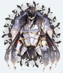  1boy alternate_costume arm_up armor belt belt_buckle black_belt black_fur black_hair black_helmet breastplate buckle cape capitano_(genshin_impact) commentary cropped_legs english_commentary english_text faulds fur_trim gauntlets genshin_impact grey_background helmet highres long_hair male_focus solo uouzzz white_armor 