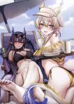  2girls absurdres alternate_costume arknights barefoot beach bikini black_bikini blue_eyes blue_hair blue_horns blue_nails blue_sky blue_tail blush breasts can chair cleavage cloud colored_extremities commentary day dokuro_deluxe dragon_girl dragon_horns dragon_tail earrings eyeshadow eyewear_on_head feet food green_hair grey_hair grin hair_between_eyes highres holding holding_can holding_plate horns jewelry ling_(arknights) long_hair lounge_chair makeup medium_breasts multicolored_hair multicolored_horns multiple_girls nail_polish noodles on_chair open_mouth outdoors parasol plate pointy_ears red_eyeshadow shu_(arknights) siblings side-tie_bikini_bottom sidelocks sisters sitting sky smile sunglasses swimsuit tail tassel tassel_earrings toenail_polish toenails umbrella visor_cap wet white_tail yellow_bikini 