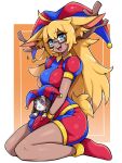  1girl animal_ear_fluff animal_ears antlers asymmetrical_gloves blonde_hair blue_eyes blue_gloves blue_hat border breasts character_doll commentary commission cosplay dark-skinned_female dark_skin doll double-parted_bangs english_commentary full_body glasses gloves hat hat_bell highres holding holding_doll horns jester jester_cap jester_costume large_breasts long_hair looking_at_viewer mismatched_gloves multicolored_hat oninuer open_mouth orange_background original outside_border pomni_(the_amazing_digital_circus) pomni_(the_amazing_digital_circus)_(cosplay) puffy_short_sleeves puffy_sleeves rectangular_eyewear red_gloves red_hat red_shoes seiza semi-rimless_eyewear shoes short_sleeves sitting smile solo striped_clothes striped_headwear the_amazing_digital_circus under-rim_eyewear vertical-striped_clothes white_border 