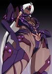  1girl android bare_shoulders blue_eyes breasts cameltoe cleavage dark_skin elbow_gloves gloves highres lime_(purple_haze) long_hair looking_down nipples partially_visible_vulva pussy solo t-elos thick_thighs white_hair xenosaga xenosaga_episode_iii 
