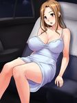  1girl blush breasts brown_eyes brown_hair car car_interior cleavage dress highres huge_breasts legs long_hair looking_down motor_vehicle nightmare_express nude open_mouth sitting solo thighs 