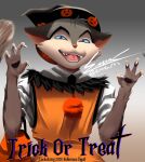anthro blue_eyes claws clothing costume domestic_cat enoxarts felid feline felis food fruit fur halloween halloween_costume hat headgear headwear hi_res holidays lackadaisy male mammal multicolored_body multicolored_fur orange_clothing plant pumpkin rawr rocky_rickaby sharp_teeth solo stylized teeth witch_hat