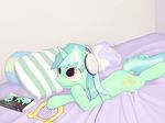  2013 arm_support bed book cutie_mark equine female friendship_is_magic hair harp headphones horn lurarin lying lyra_heartstrings_(mlp) mammal musical_instrument my_little_pony on_front pillow smile solo unicorn yellow_eyes 