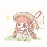  &gt;_&lt; 1girl absurdly_long_hair animated animated_gif ankle_ribbon black_eyes blinking blush_stickers bow braid brown_bow brown_dress brown_hat brown_sandals bug butterfly butterfly_net chibi chinese_commentary commentary_request dress dress_ribbon expressionless eyelashes flower frilled_dress frills grass_&amp;_breeze_(shining_nikki) green_bow green_ribbon hair_bow hand_net hat hat_bow holding holding_butterfly_net leg_ribbon long_hair looping_animation low_twin_braids medium_dress nikki_(series) on_grass orange_hair ribbon sandals shining_nikki simple_background solid_oval_eyes solo standing triangle_mouth twin_braids very_long_hair white_background white_flower xiaoyu_qixing yellow_butterfly yellow_flower 