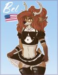 2025 5_fingers american_flag anthro antlers balls black_nose blankyart bottomwear brown_body brown_hair clothed clothing clothing_lift deer digital_media_(artwork) eyelashes fingers front_view genitals gloves_(marking) hair hi_res horn long_hair looking_at_viewer maid_uniform male mammal markings orange_eyes outline penis signature simple_background skirt skirt_lift small_tail smile solo spots tail tan_body uniform united_states_of_america white_body
