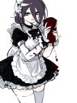  1girl alternate_costume apron black_dress black_ribbon bottle chainsaw_man dress enmaided green_eyes grenade_pin hair_between_eyes hair_bun highres holding holding_bottle ketchup ketchup_bottle maid maid_headdress mizu1202001 purple_hair reze_(chainsaw_man) ribbon simple_background solo thighhighs white_apron white_background white_thighhighs wrist_cuffs 