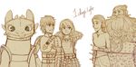  2boys 2girls armor astrid_hofferson beard dragon facial_hair father_and_son hiccup_horrendous_haddock_iii how_to_train_your_dragon husband_and_wife monochrome mother_and_son multiple_boys multiple_girls pteruges simple_background toothless 